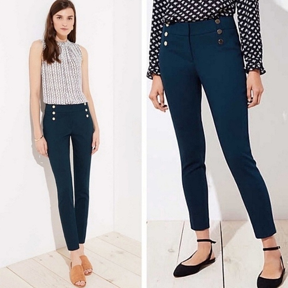 Loft Outlet Modern Skinny Ankle Sailor Front Trouser Sz 14 Navy Blue Gold Button